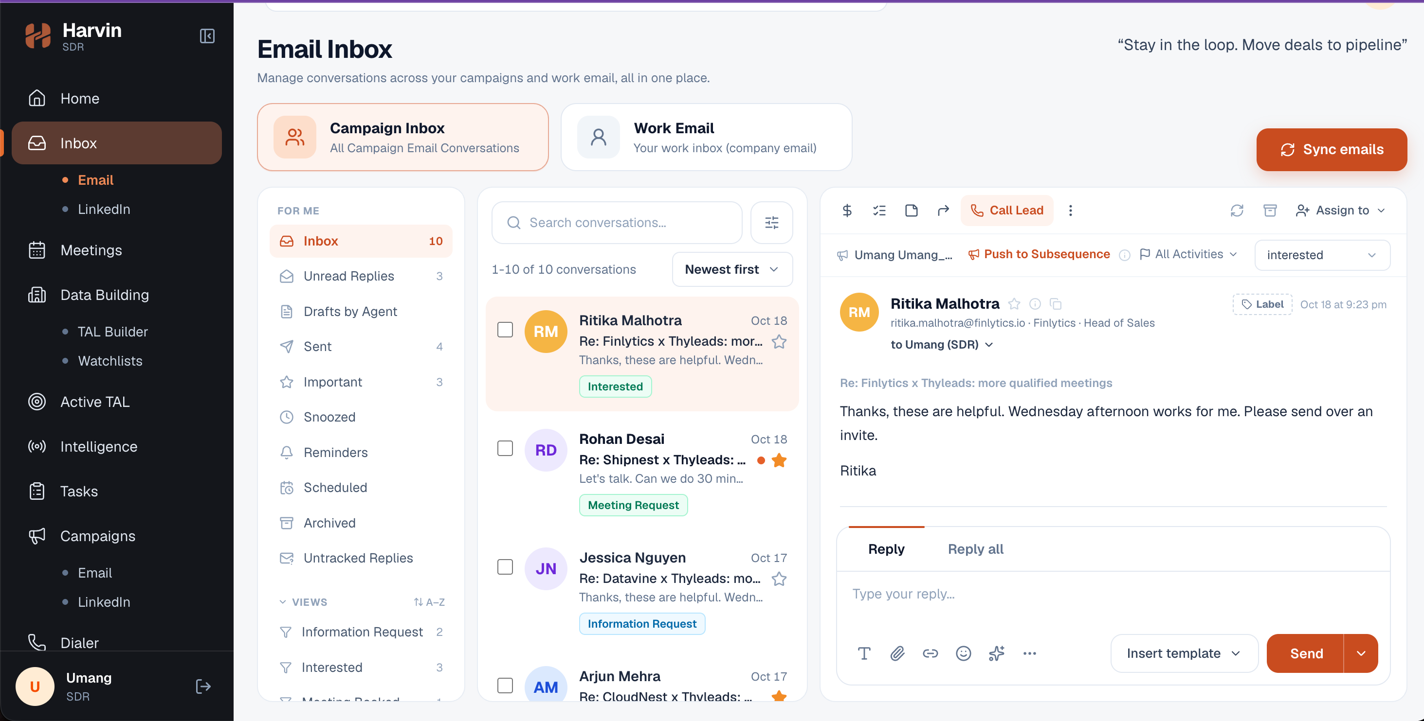 Unified sales email inbox preview
